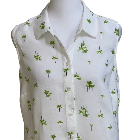 Croft & Barrow Palm Tree Print White Linen Rayon Sleeveless Button Down Top Sz S - Picture 2 of 12